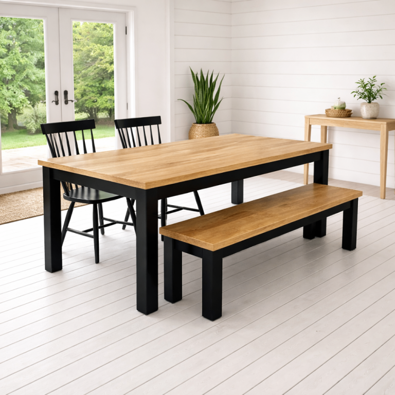 Free Delivery - Chunky Rustic Oak Dining Table with Bench and Nordic Chairs Set