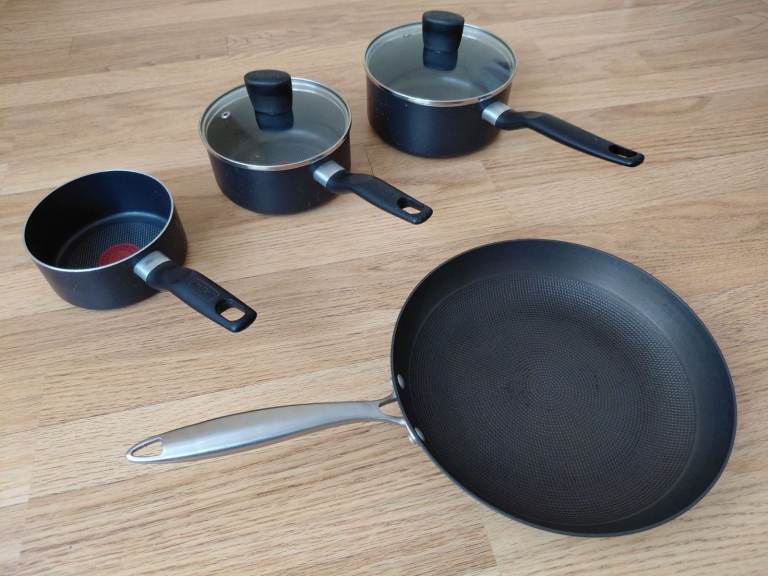 Joblot Set of Tefal Saucepans with Lids + Hairy Bikers Cast Iron Heavy 28cm Frying Pan