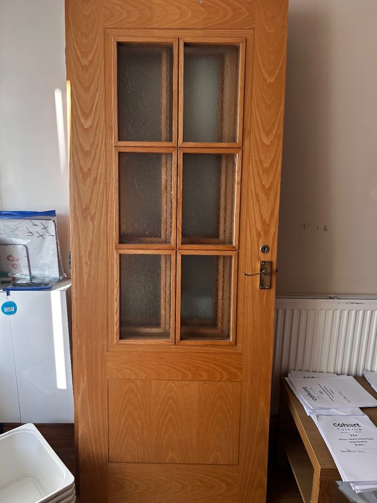 Wooden Internal Door with Frosted Glass Panels – Good Condition