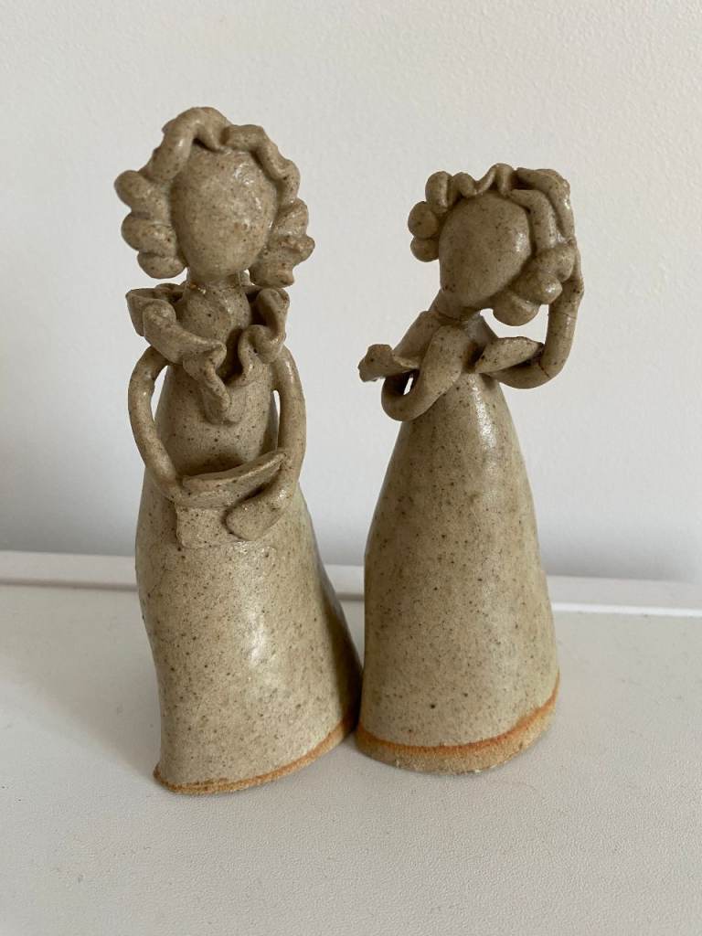 2 NORFOLK LADIES, CERAMIC ORNAMENTS FROM 1970S, HANDMADE, (one is repaired)