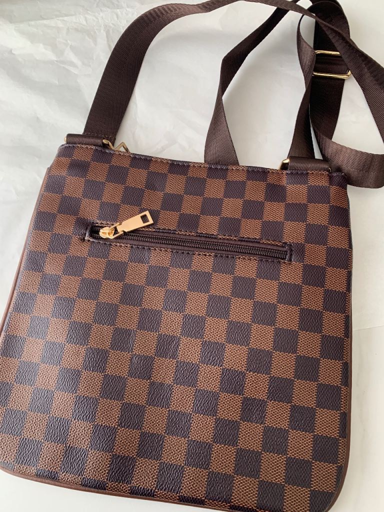 Brown faux leather check cross body bag with canvas strap