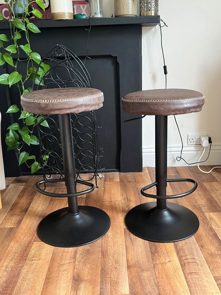 2 Brown Faux Leather Bar Stools
