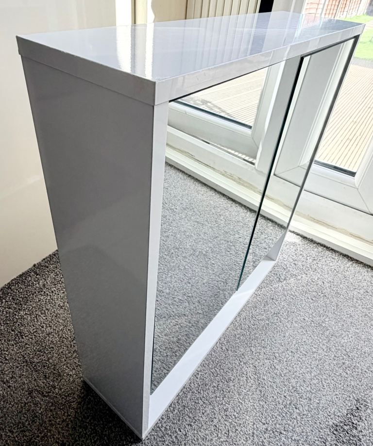 White Narrow Bathroom Cabinet, Mirrored Double Doors, Wall Mount + Shelves