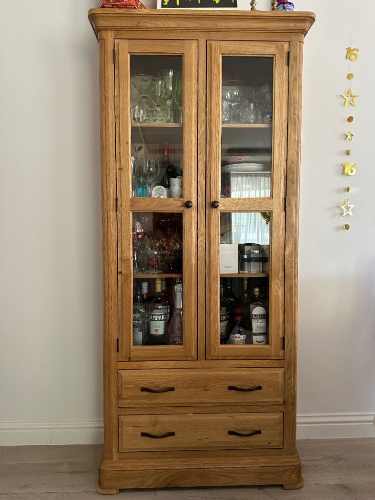2 x Natural Solid Oak Glazed Display Cabinet in excellent condition, like new. 