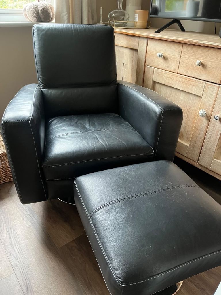 Black Leather Swivel Armchair & Matching Footstool – £175 ONO