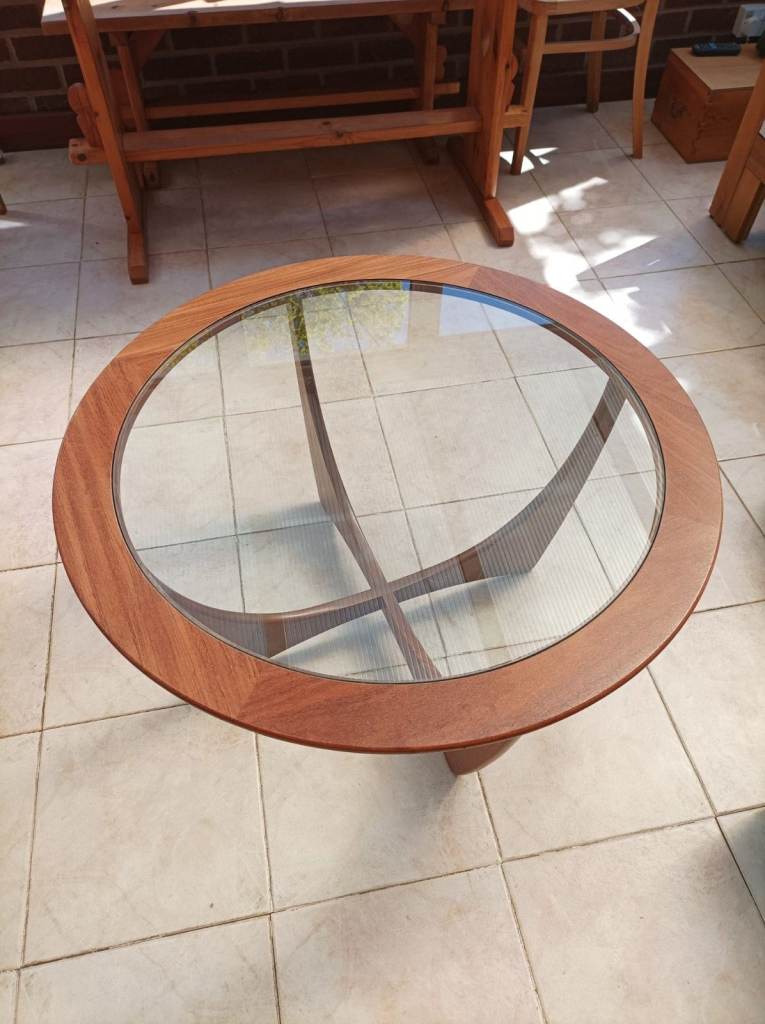 Original G Plan Astro Round Coffee Table in teak with glass top