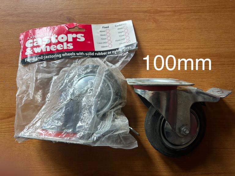 x2 100mm Axminster Solid Swivel Castor Wheels & brake 