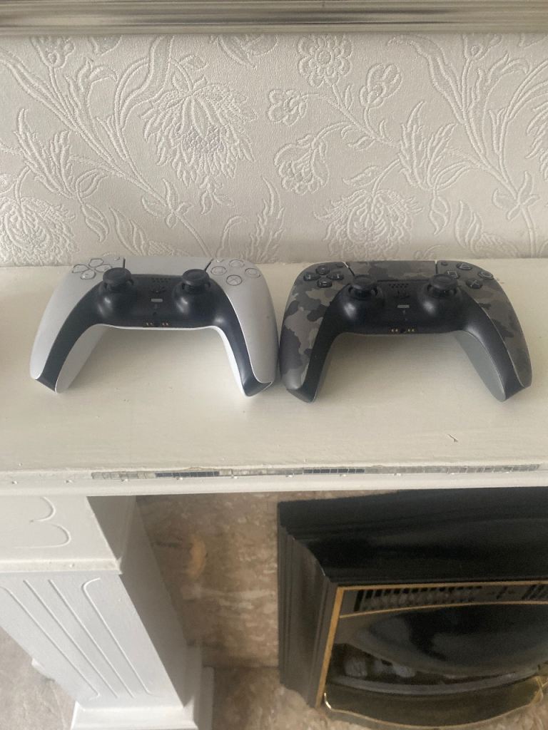 Pair of PS5 DualSense Controllers – White & Camo, Good Condition