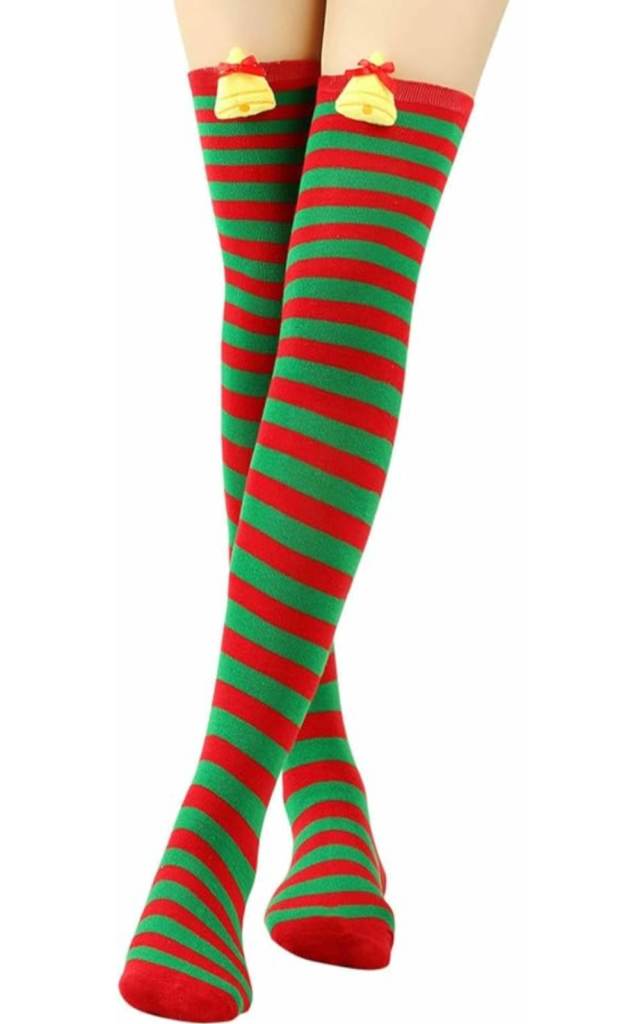  2 x Christmas Striped Over-the-Knee Socks with Bells