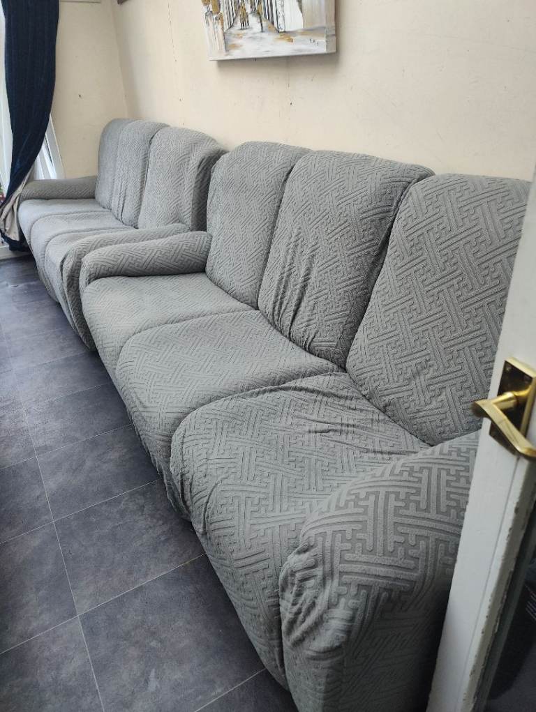 2 x 3 Seater Faux Leather recliner Couches with grey Covers  (Read description)