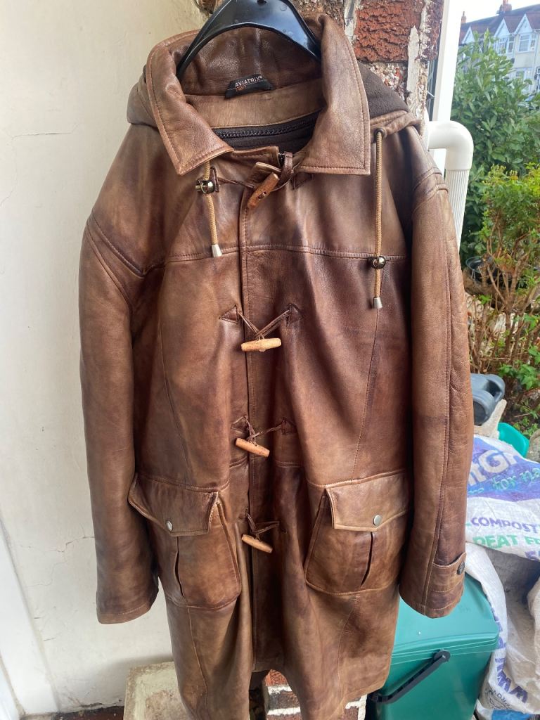 AVIATRIX Men's Brown Leather Duffle Coat – Good Condition