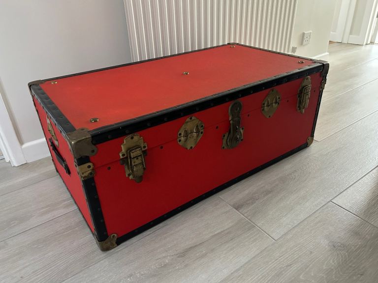 Red Storage Chest Trunk with Black Trim and Brass Hardware