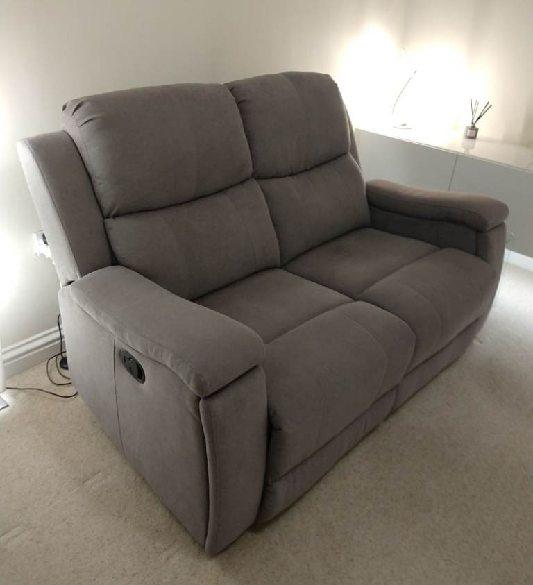 image for 2-SEATER HIGH BACK RECLINER SOFA, MANUAL RECLINE. MID GREY, CONCEALED CUP/REMOTE HOLDERS, VGC