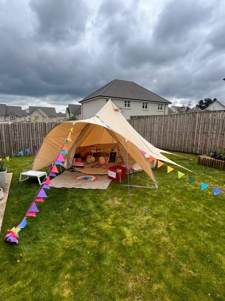 Beautiful 4 metre star bell tent with built in awning and separate matting