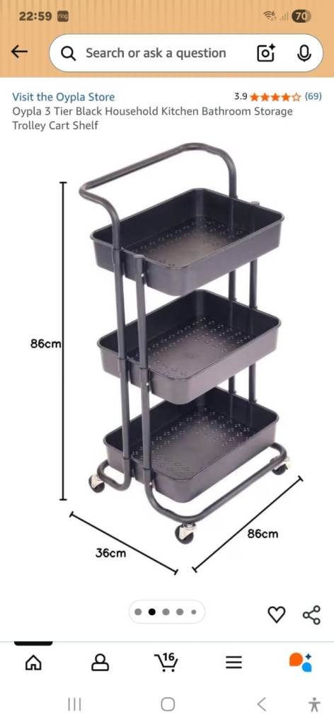 Oypla 3 Tier Black Household Kitchen Bathroom Storage Trolley Cart Shelf  good cond £10 cash ws41lb
