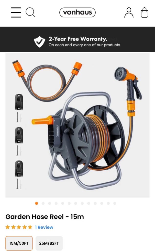 Vonhaus 15m Garden Hose Reel with Spray Gun