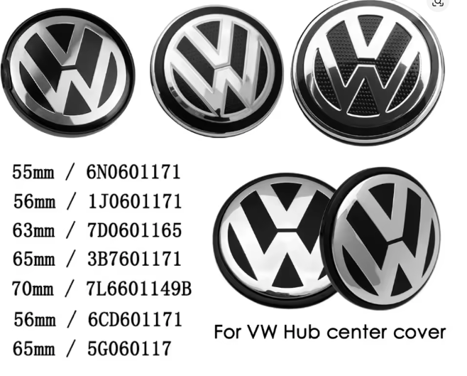 Volkswagen Center caps 55mm 56mm 56.5mm 60mm 63mm 65mm 65.5mm 70mm 75mm