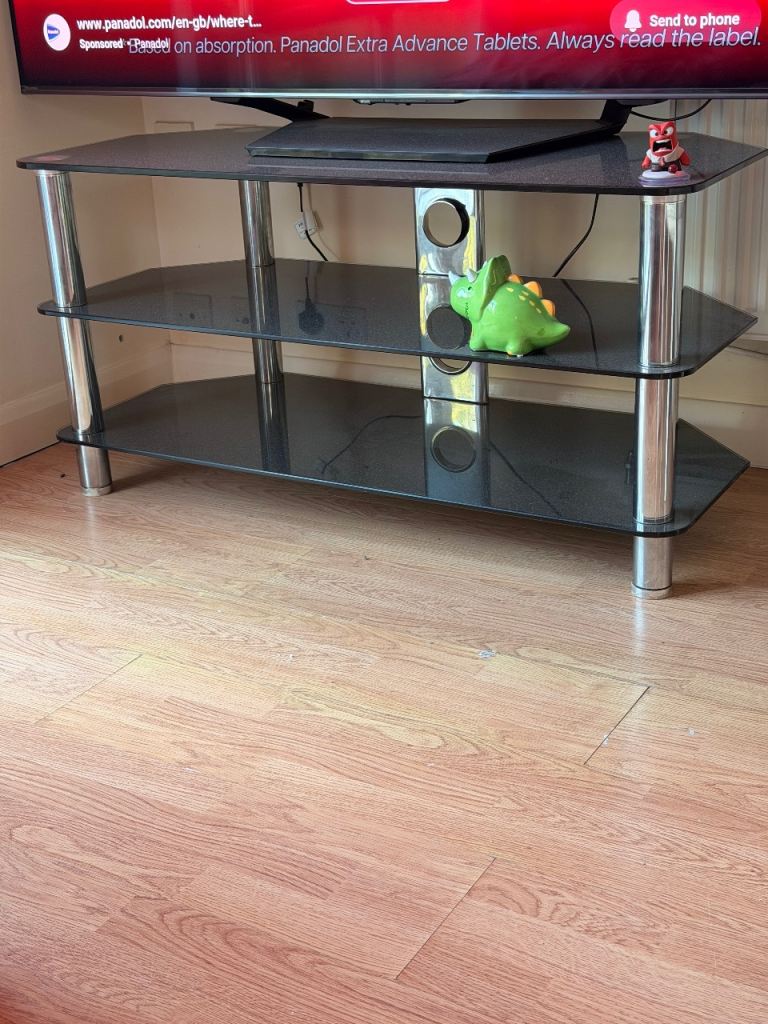 Black Glass TV Stand with 3 Shelves – Good Condition