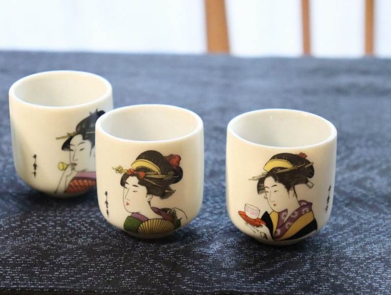 Vintage Japanese Sake Cups, Kutani Style Porcelain with Utamaro Geisha Bijin-ga Ukiyo-e(£45 for all)