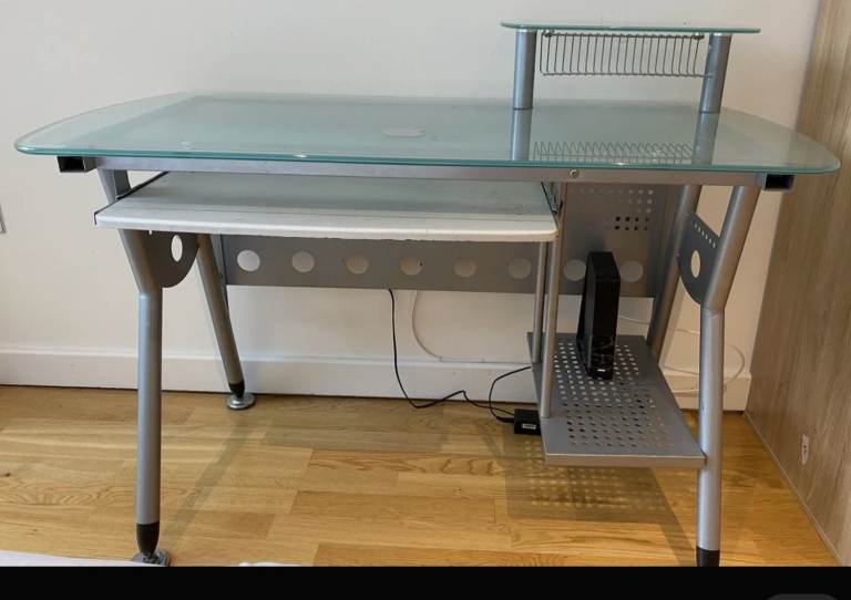 Glass Top Computer Desk with Keyboard Tray – Good Condition