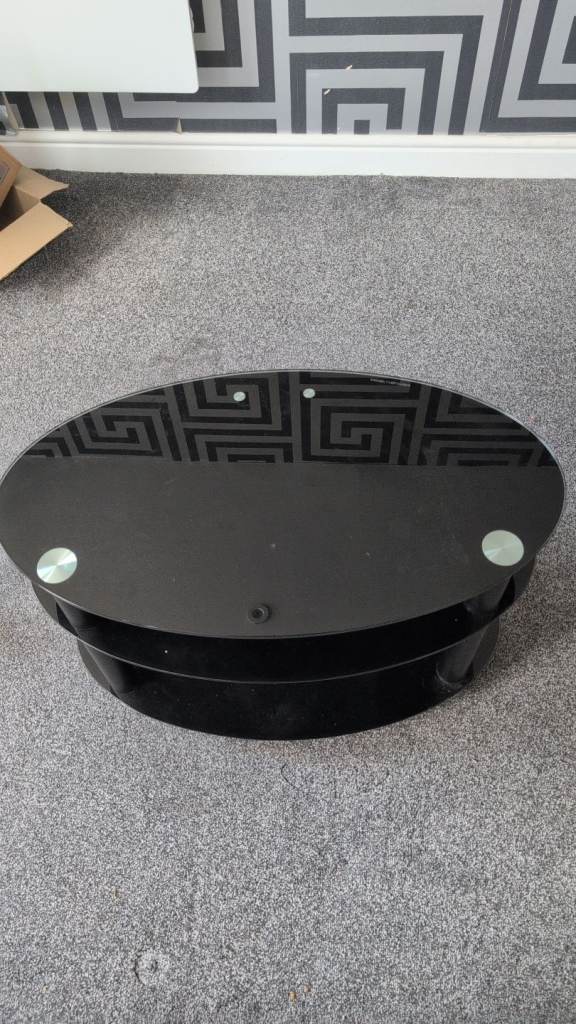 Oval Black Glass TV Stand with Three Shelves – Good Condition