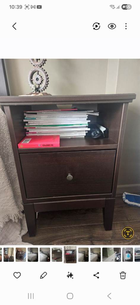 Double wood bed and bedside cabinet