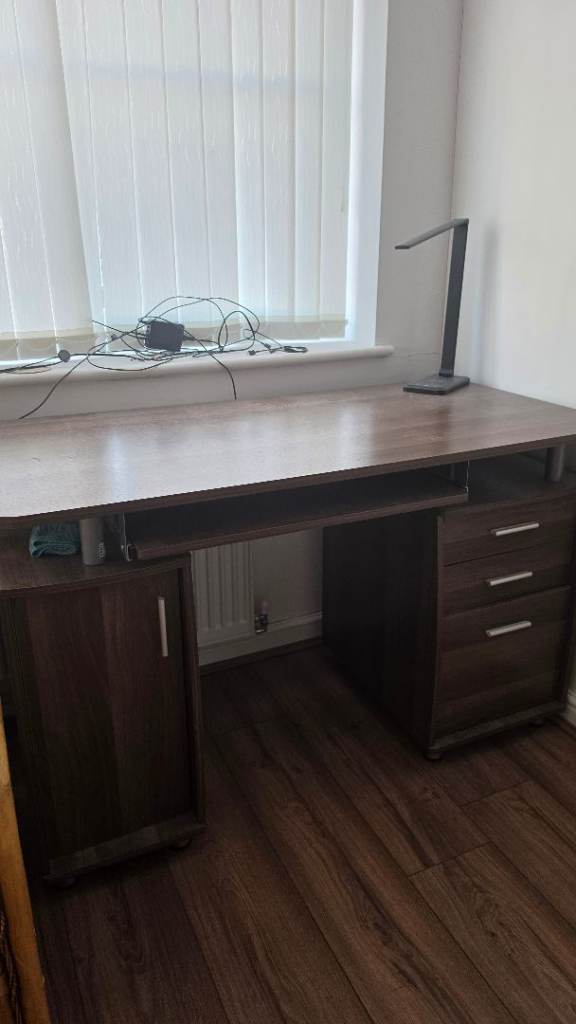 Brown Wood Office Desk with Drawers and Storage