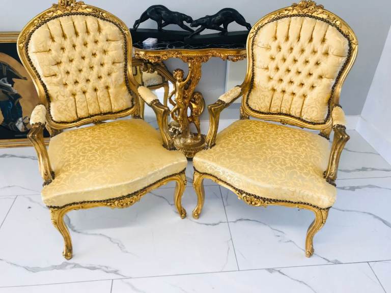 GOLD LOUIS FRENCH STYLE DECORATIVE  CHAIRS X2
