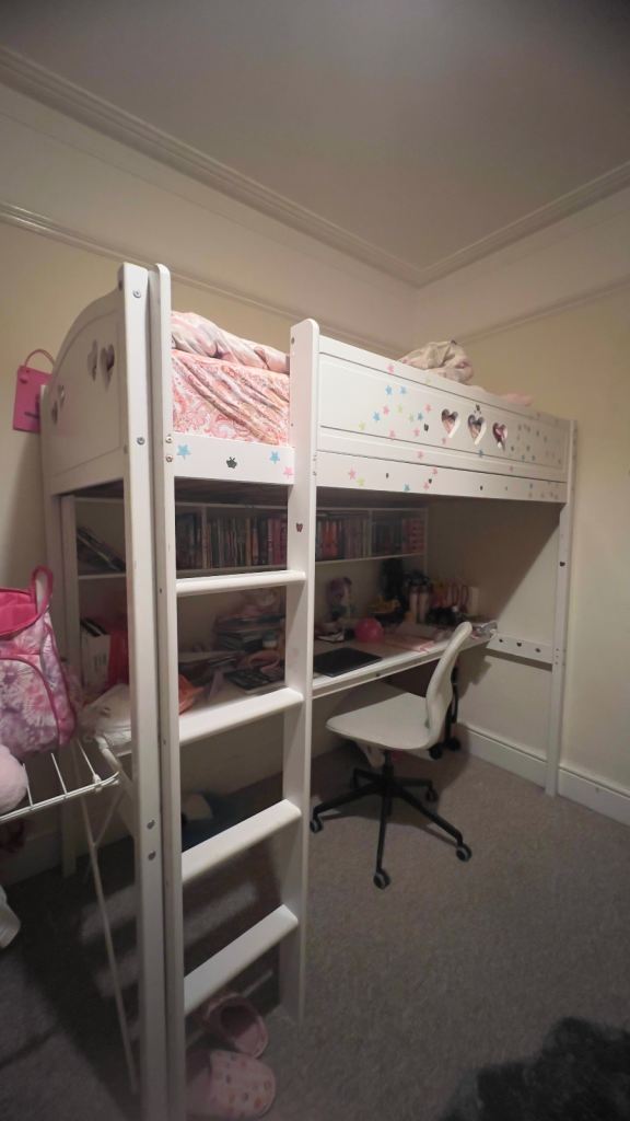 White Loft Bed with Built-in Desk – Great Space Saver - Free Mattress