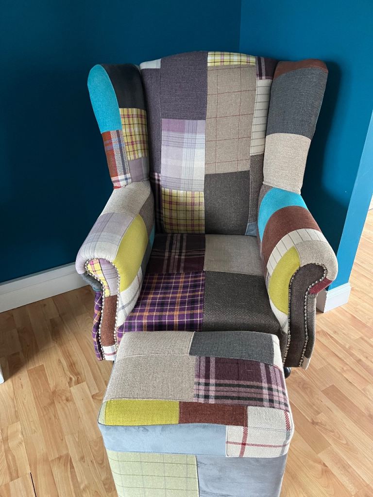 Patchwork Wingback Armchair with Footstool – Good Condition