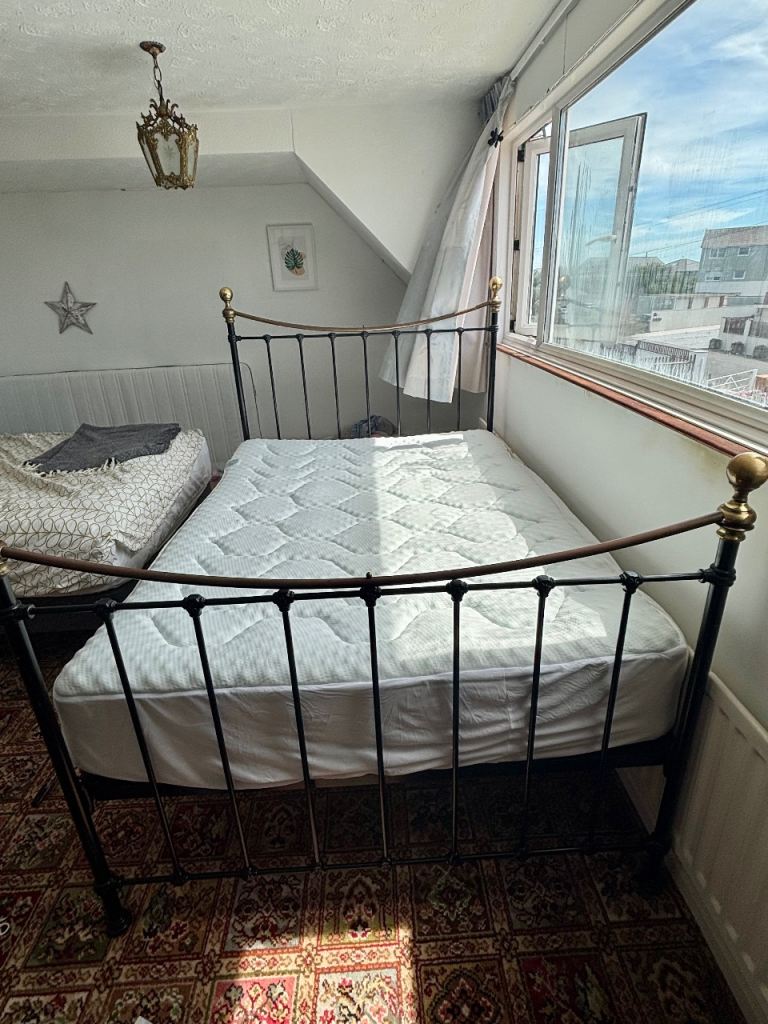 Black Metal Double Bed Frame with Brass Accents