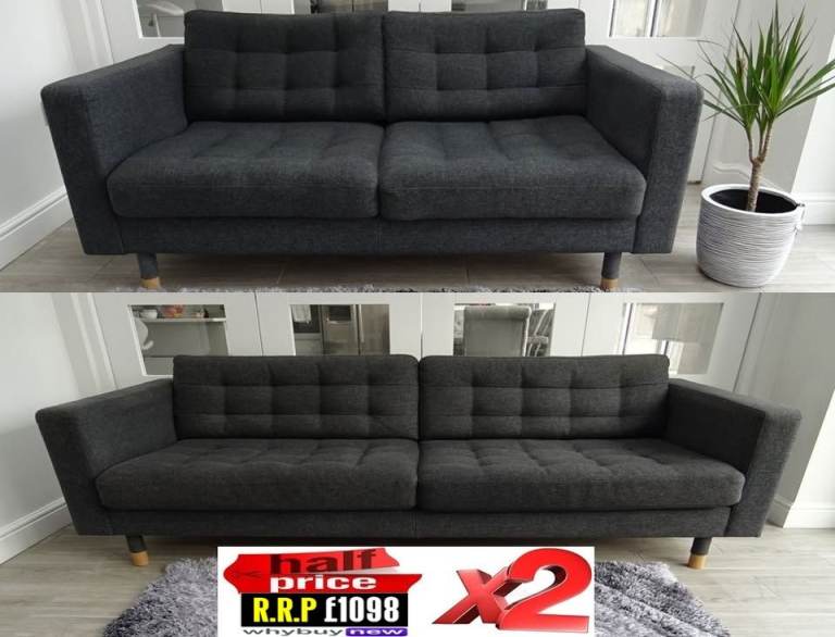 RRP:£1098 2x IKEA LANDSKRONA GREY TWO & THREE SEAT SOFA SUITE LONDON DELIVERY(OFFICE CHESTERFIELD
