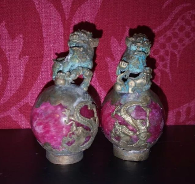 Pair of 19th Century Chinese Miniature Bronze Foo Dogs on Red Stone Orbs