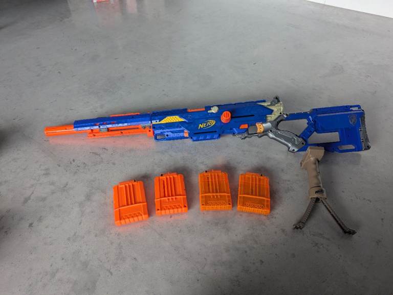Nerf N-Strike Longstrike CS-6 Blaster Gun Riffle, Dart Magazine Clips & Bipod Stand
