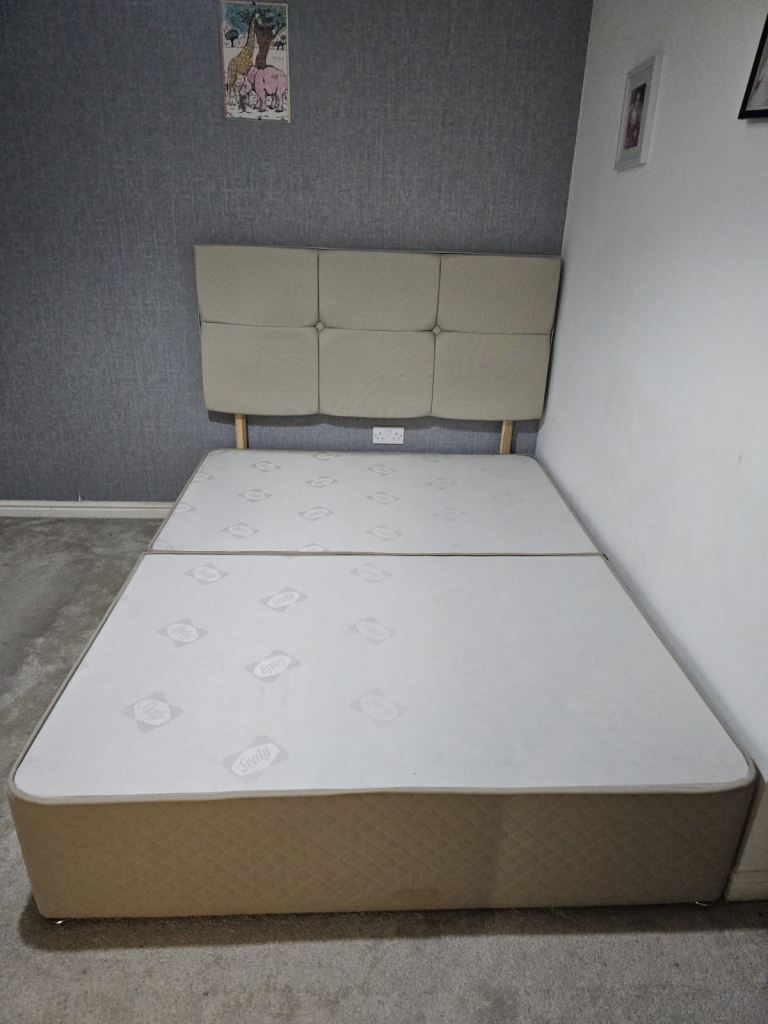 image for King size Bed with Fabric Headboard and Base - Beige, Very Good Condition