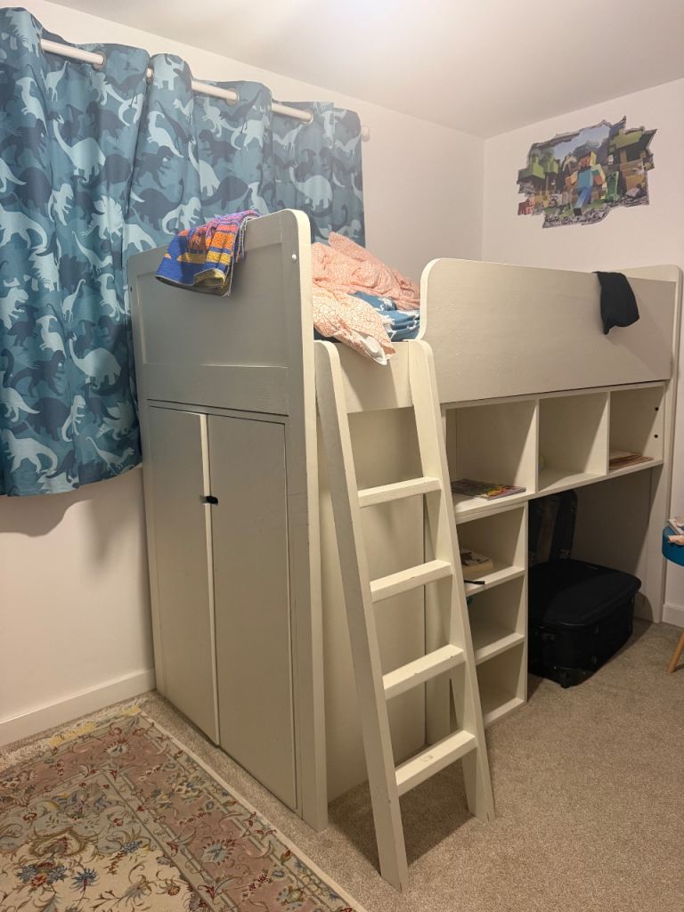 Kids High Sleeper Bed with Wardrobe and Desk - White