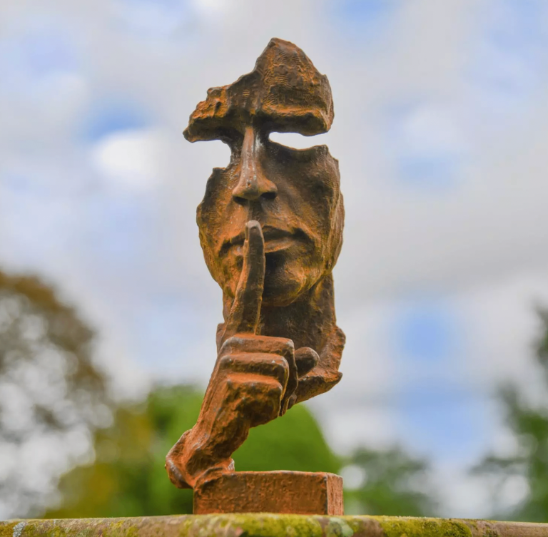 image for Rustic Cast Iron Abstract "Shushing" Head Bust Garden Sculpture