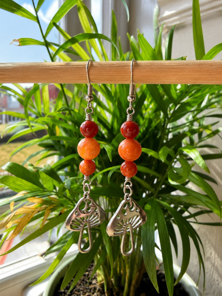 Mushroom Drop Earrings with Orange Beaded Design