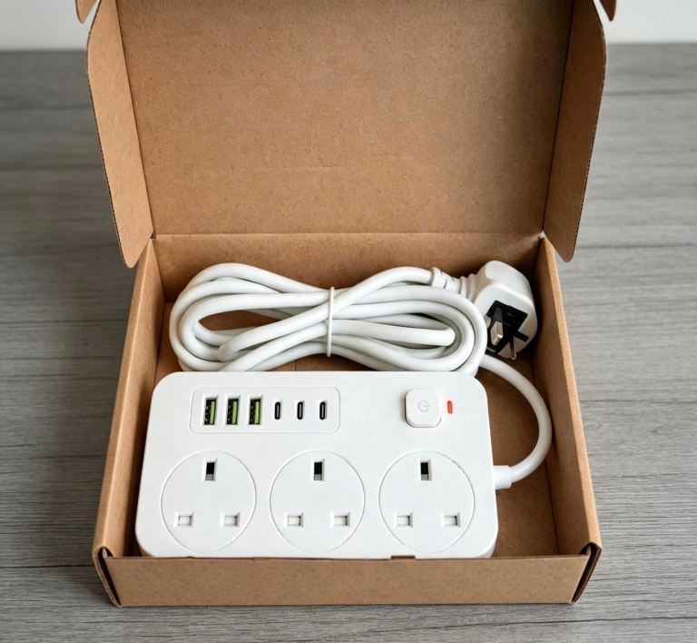 New White Extension Lead with 3 UK Sockets and USB Ports