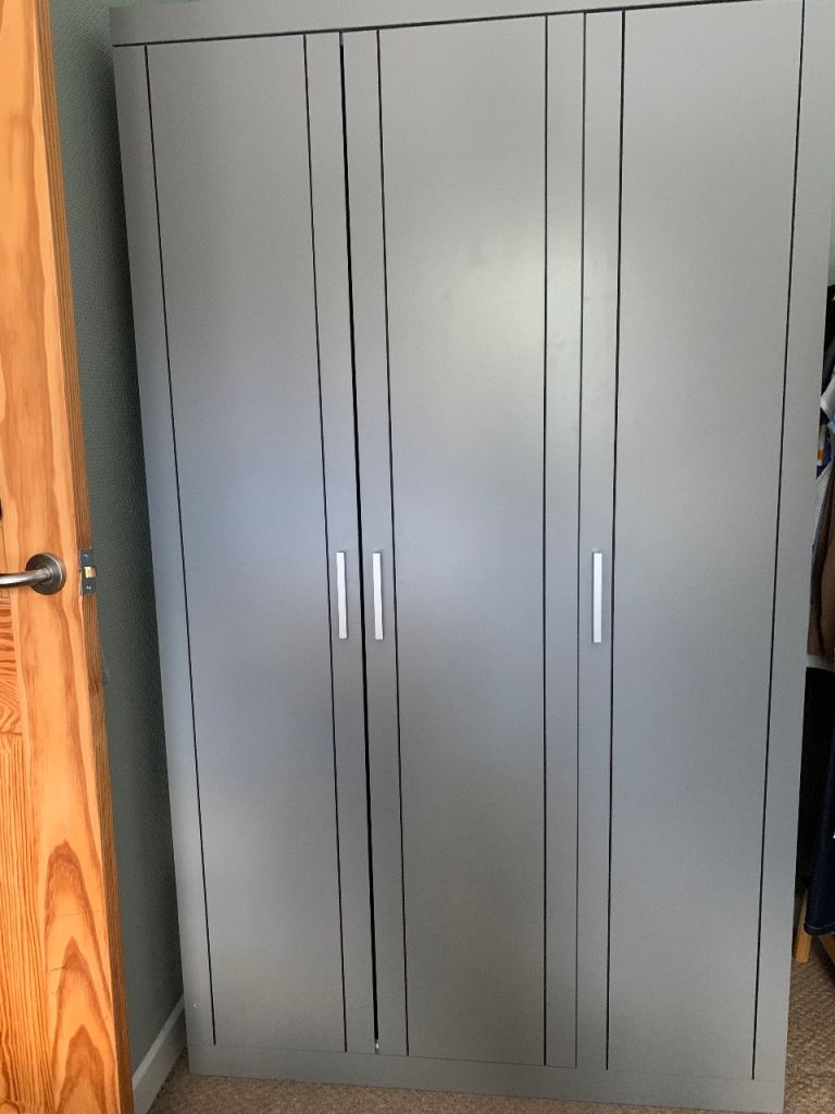 Grey 3-Door Wardrobe with Internal Storage - Good Condition