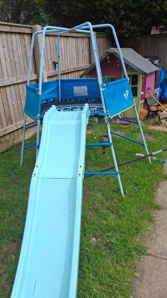 Outdoor climbing frame trampoline an slide