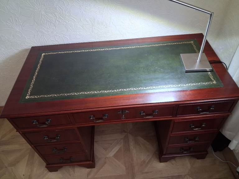 Solid Wood Desk with Green Leather Top – Good Condition