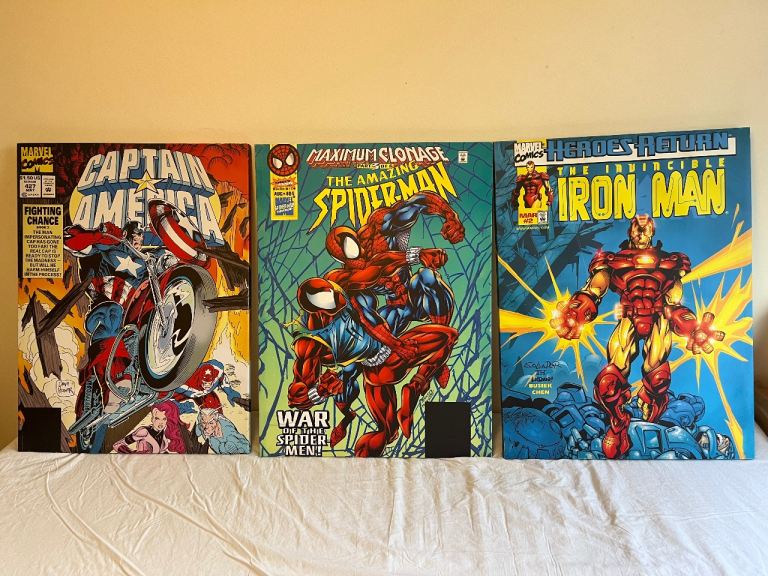 3 x Marvel Framed Canvas Prints 80 x 60 cm - Spiderman, Captain America & Iron Man
