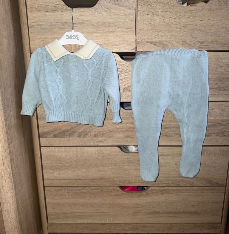 Baby Blue Knitted Top & Trousers Set – Good Condition