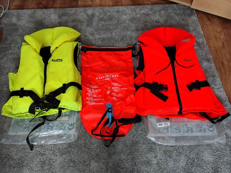 2 Adult Life Jackets plus Aqua Lung Inflatable Dry Bag