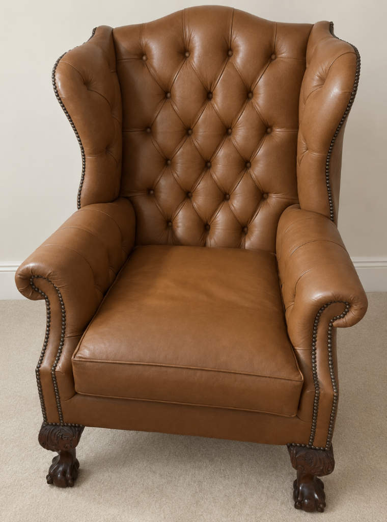 Chesterfield Tan Leather Wingback Armchair – Great Condition