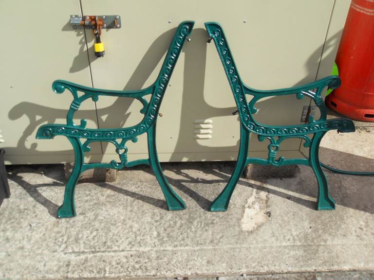 Cast iron Bench ends rubbed down and srayed ready for new timber