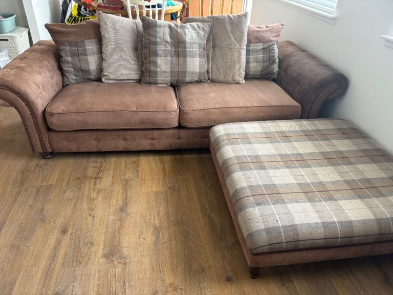 Brown DFS 4 seater sofa with matching footstool