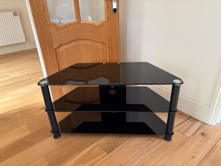 Black Glass TV Stand 3 Shelves Cable Management Freestanding Up to 50 in