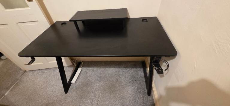 Black Gaming Desk with Monitor Stand and Cup Holder